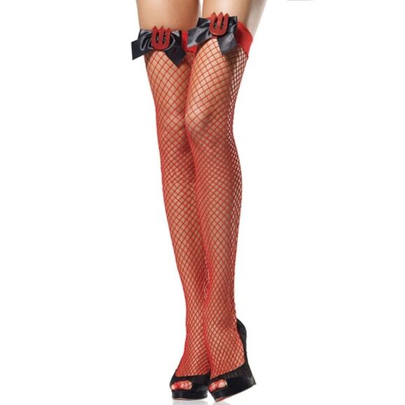 NEW Leg Avenue Red Pitchfork Thigh High Fishnets - Picture 1 of 5